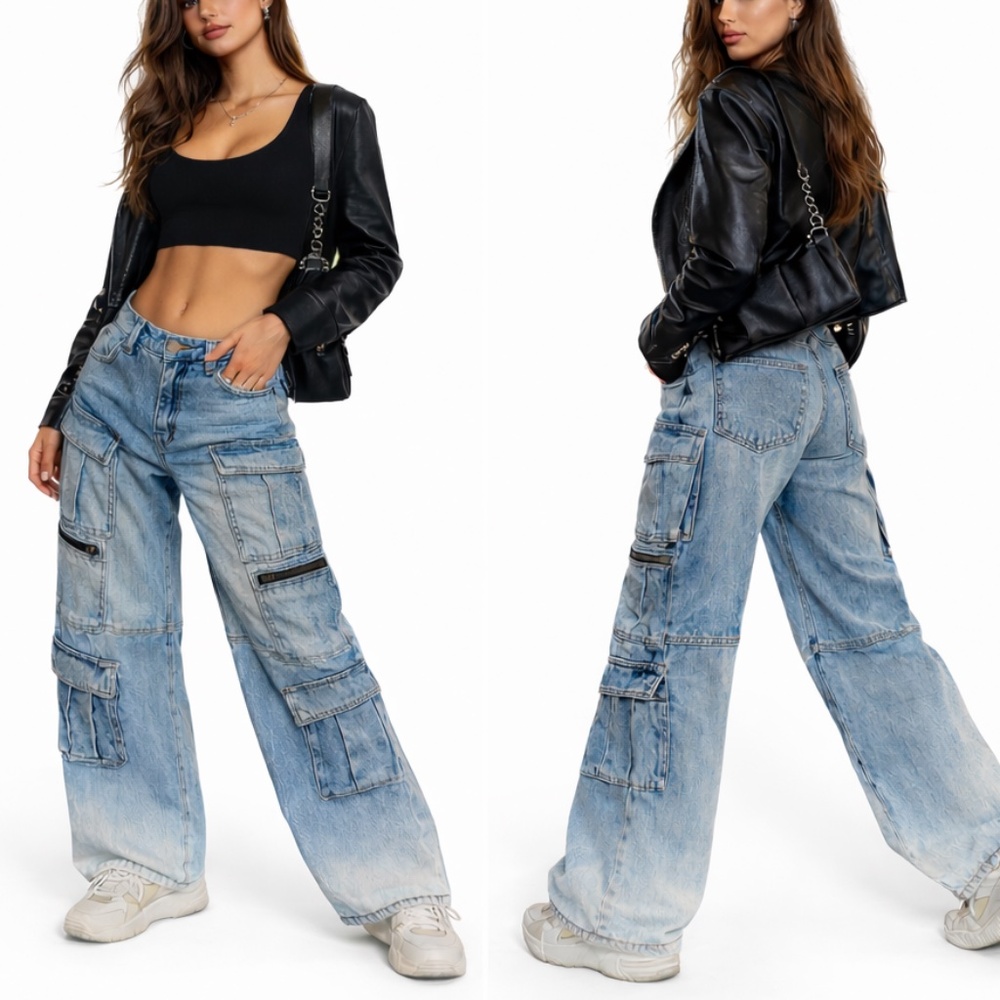 Alice + Olivia Cay Denim Cargo Jeans Size 24 Wide Leg Utility - Picture 2 of 10